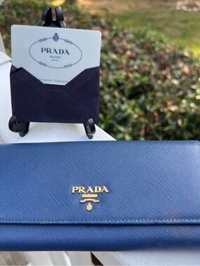 Prada Navy Saffiano Leather Continental Wallet with Gold Logo and COA